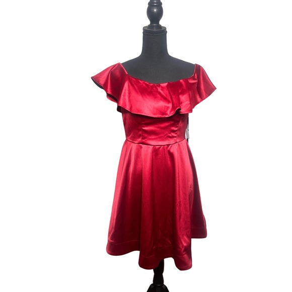Sequin Hearts Dress Red Ruffle Off Shoulder Mini Party Cocktail Size 9 - Picture 1 of 6